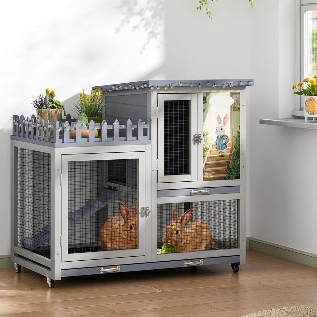 Cozivvovv wood rabbit hutch front view with balcony and wheels