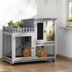Cozivvovv wood rabbit hutch front view with balcony and wheels