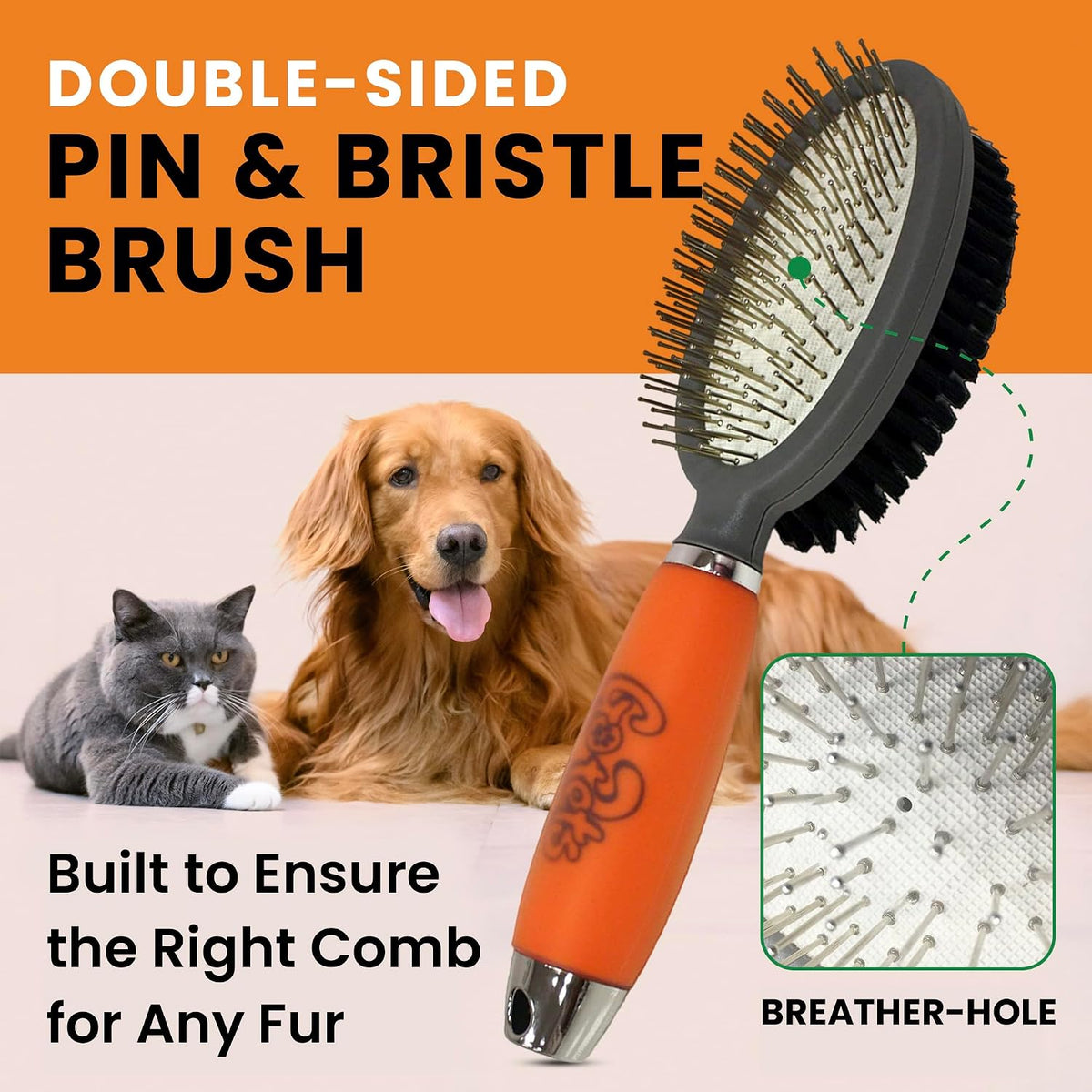 Close-up of the stainless steel pin side with rounded comfort tips for safe pet undercoat detangling.