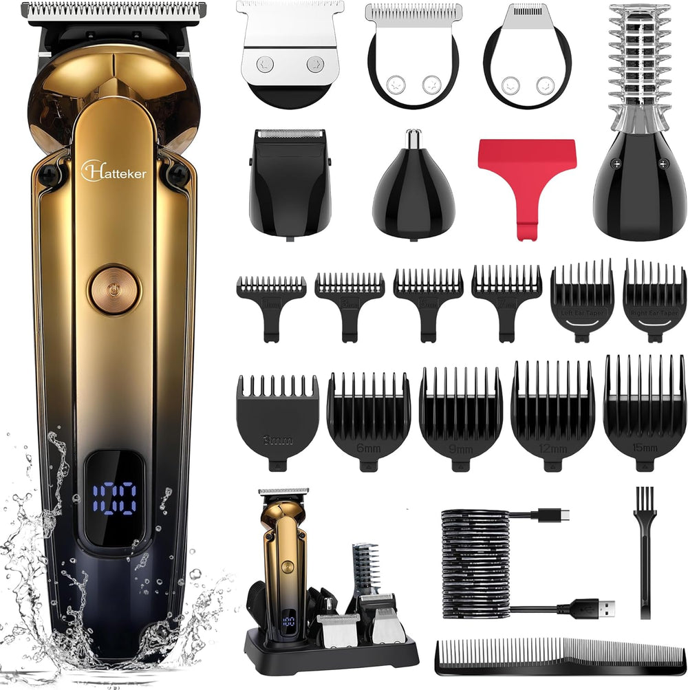 Hatteker professional 6 in 1 grooming kit front view showcasing the gold electric hair clipper.