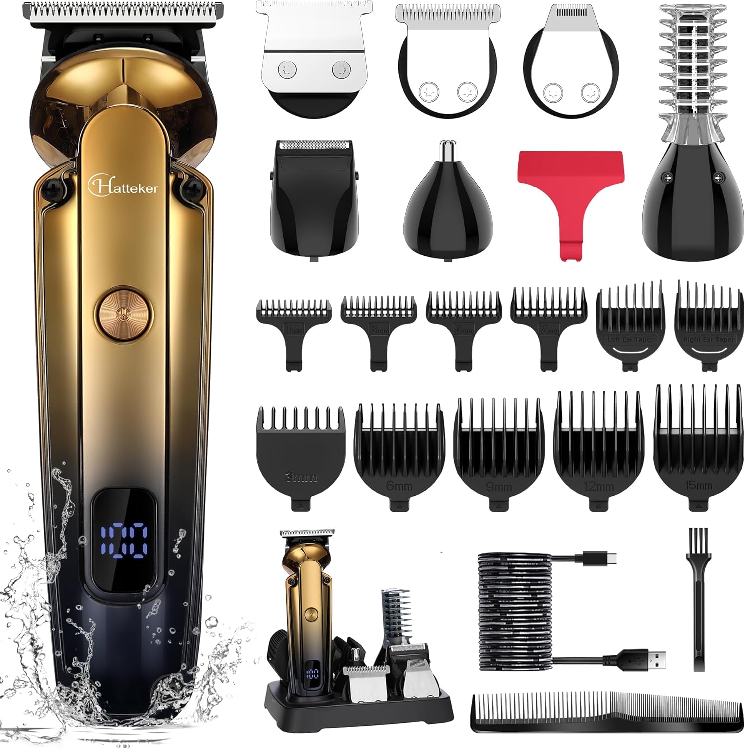 Hatteker professional 6 in 1 grooming kit front view showcasing the gold electric hair clipper.