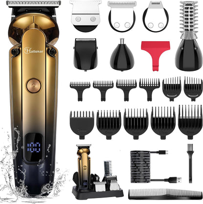Hatteker professional 6 in 1 grooming kit front view showcasing the gold electric hair clipper.