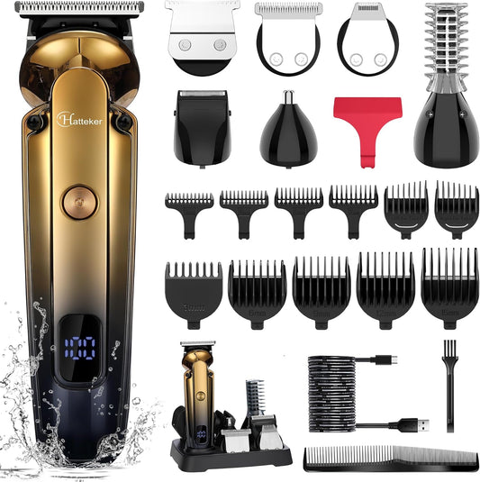 Hatteker professional 6 in 1 grooming kit front view showcasing the gold electric hair clipper.