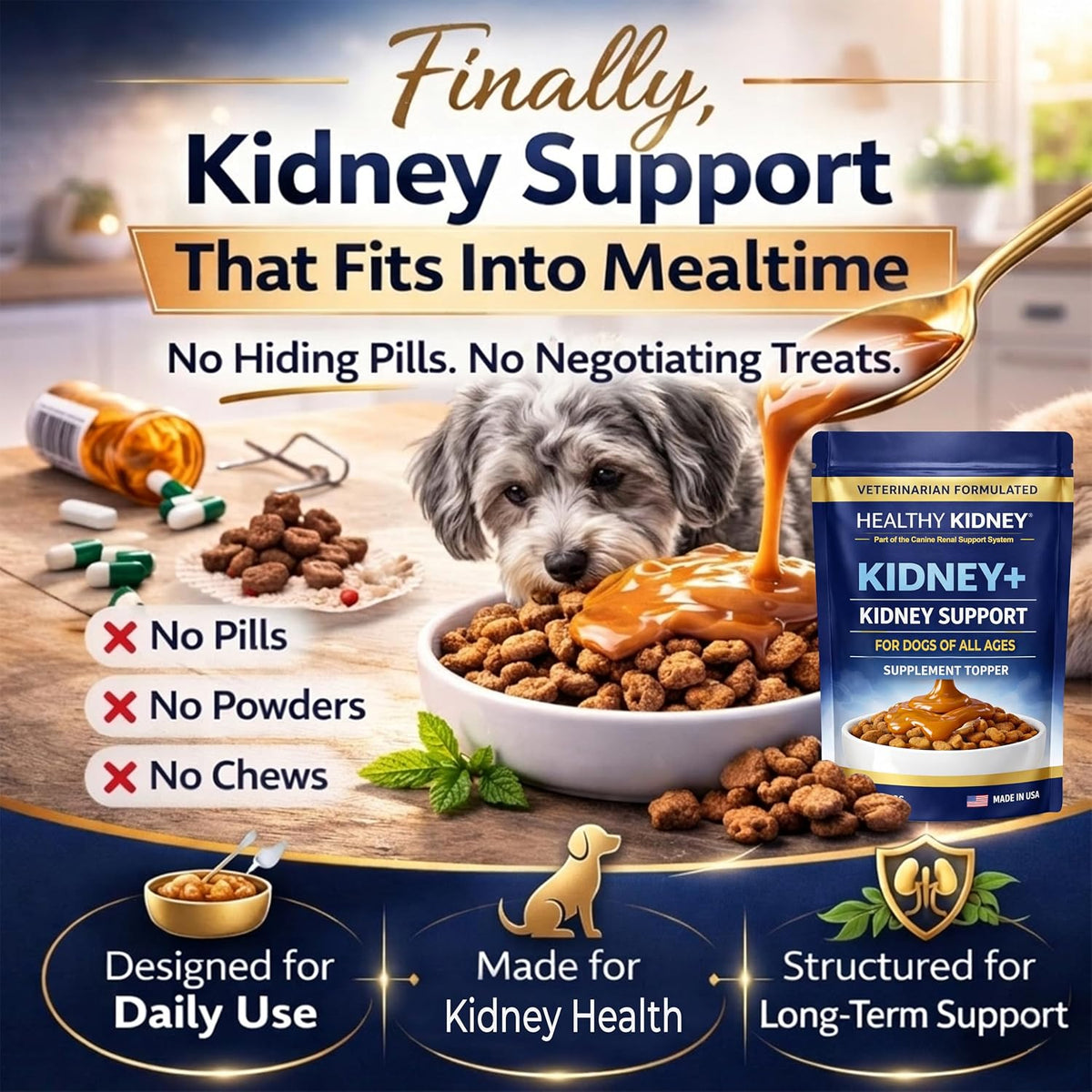 Healthy kidney canine powder supplement packaging highlighting thirty servings