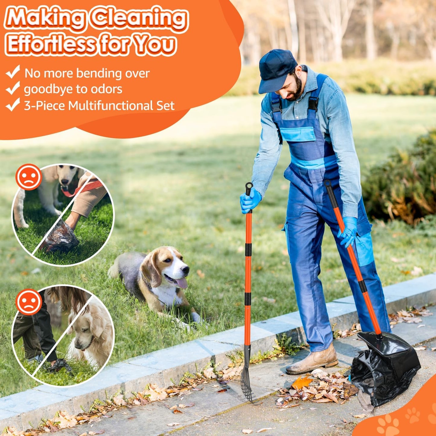 SlowTon adjustable dog waste removal kit with stainless steel spade and rake components