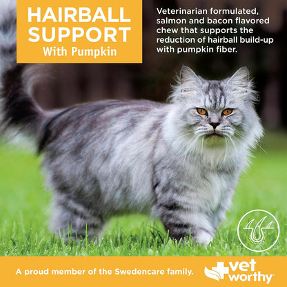 Premium feline hairball prevention supplement packaging showing pumpkin and psyllium husk ingredients