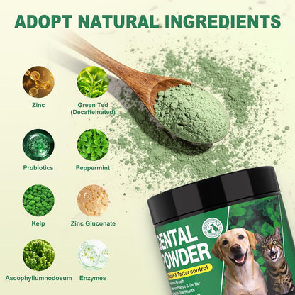 No brushing pet tartar cleaner powder package back view with instructions