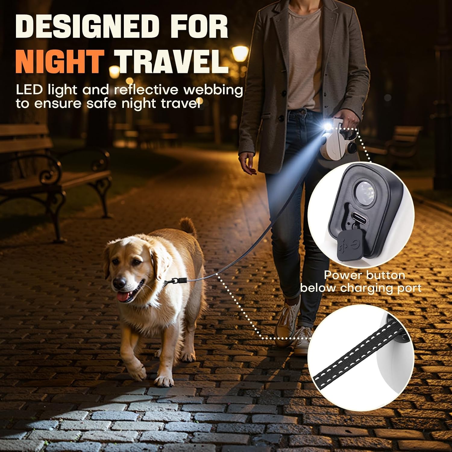 Petsweet dog leash featuring built-in LED flashlight for night safety