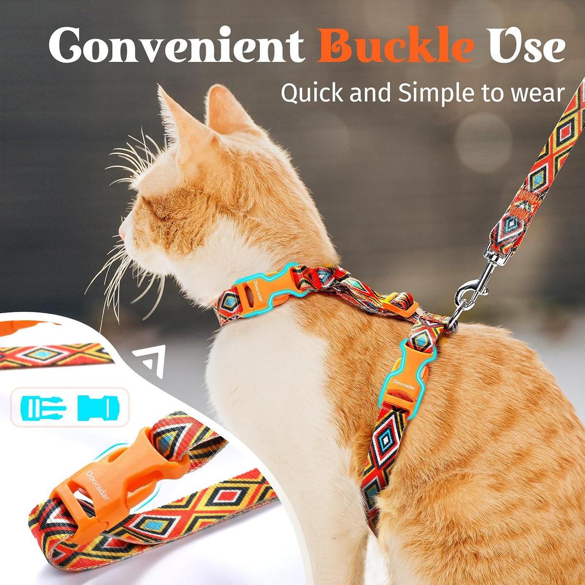 Back view of Dooradar cat harness with leash attachment