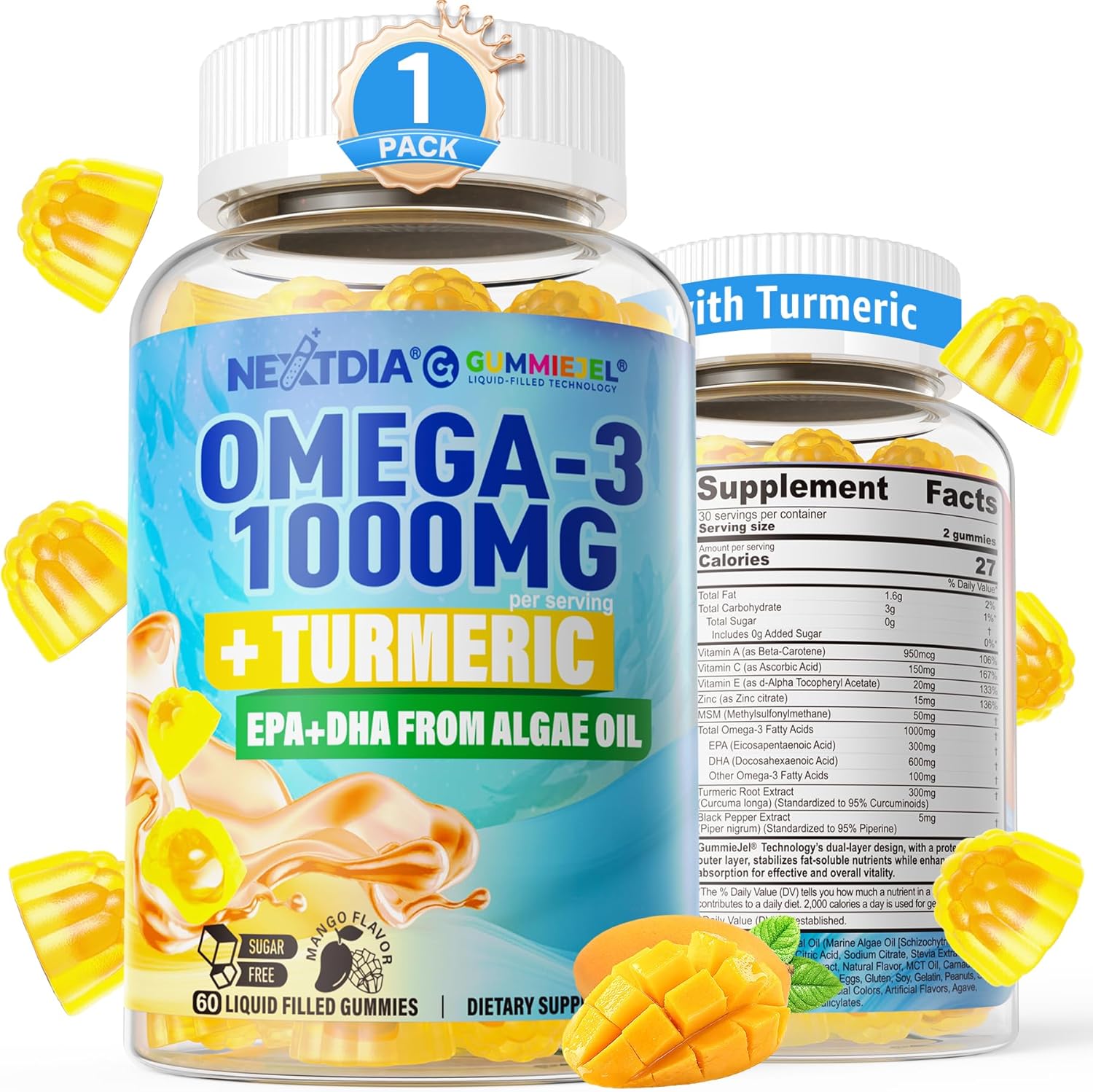 Nextdia Vegan Omega 3 Fish Oil Turmeric 60 Gummies front view bottle showcasing mango flavor