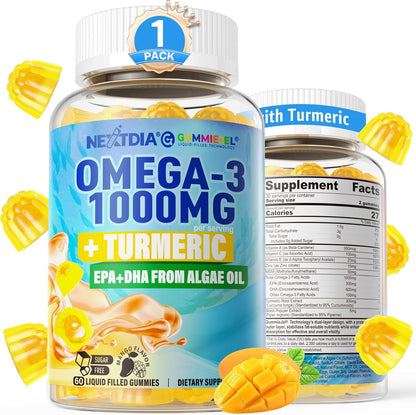 Nextdia Vegan Omega 3 Fish Oil Turmeric 60 Gummies front view bottle showcasing mango flavor