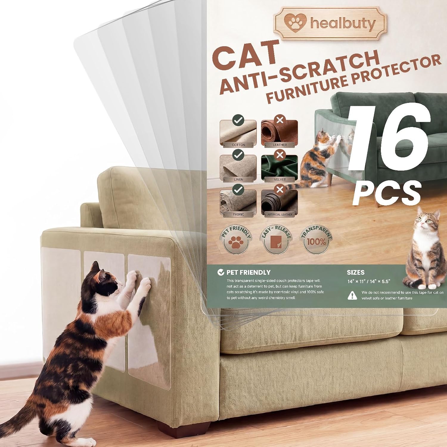 Cat Scratch Furniture Protector, 12 Pack Self Adhesive Tape, Heavy Duty Flexible Corner Guards for Couch, Sofa, Doors, Walls, Chairs, Armrests, No Residue, No Pins, Cat Scratch Protection Kit - Image 9