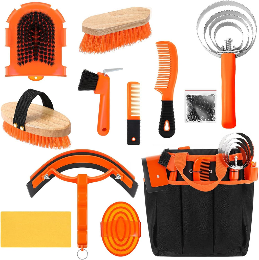 Abbylike 12 Piece Horse Grooming Kit with Organizer Tote Bag Brush Sets for Derby Day Show Horses Professional Tools for Care & Massage(Khaki and Green) - Image 15