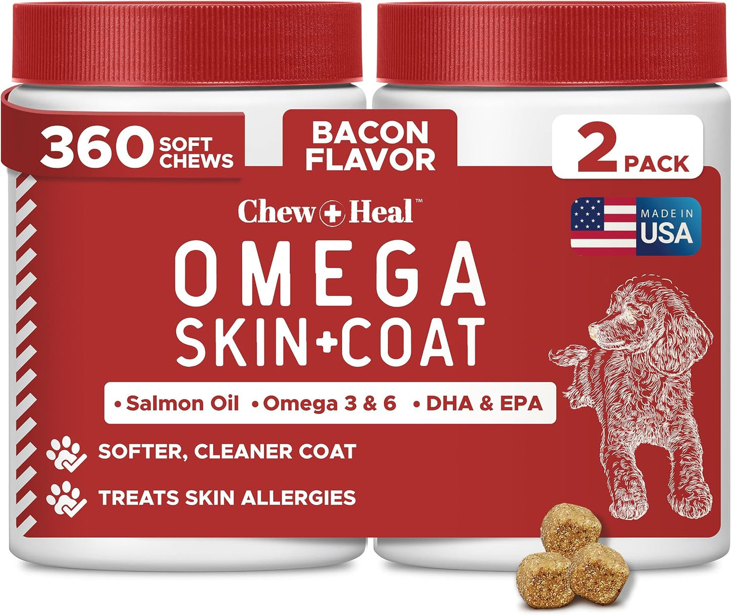 Omega 3 Fish Oil for Dogs - 180 Soft Chews for Itch Relief, Shedding & Hot Spots - Skin and Coat Supplement - Salmon Oil, EPA & DHA - Allergy Chews - Made in USA - Chew + Heal - Image 14