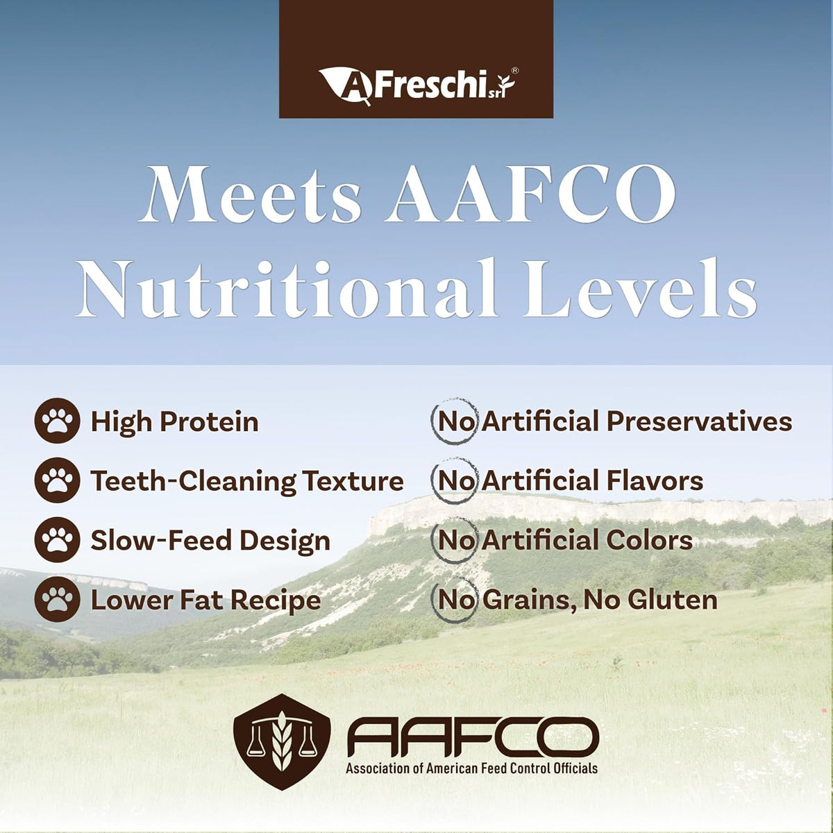 Premium imported dry dog food bag displayed next to fresh water buffalo and salmon representations.