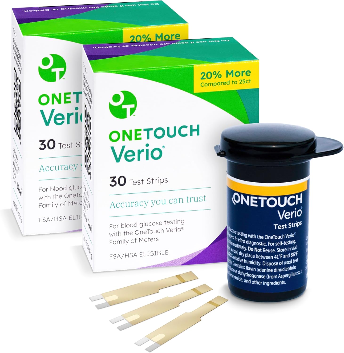 OneTouch Verio Test Strips sixty count front view packaging for home diabetes blood sugar monitoring