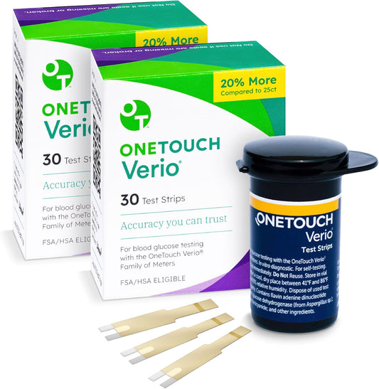 OneTouch Verio Test Strips sixty count front view packaging for home diabetes blood sugar monitoring