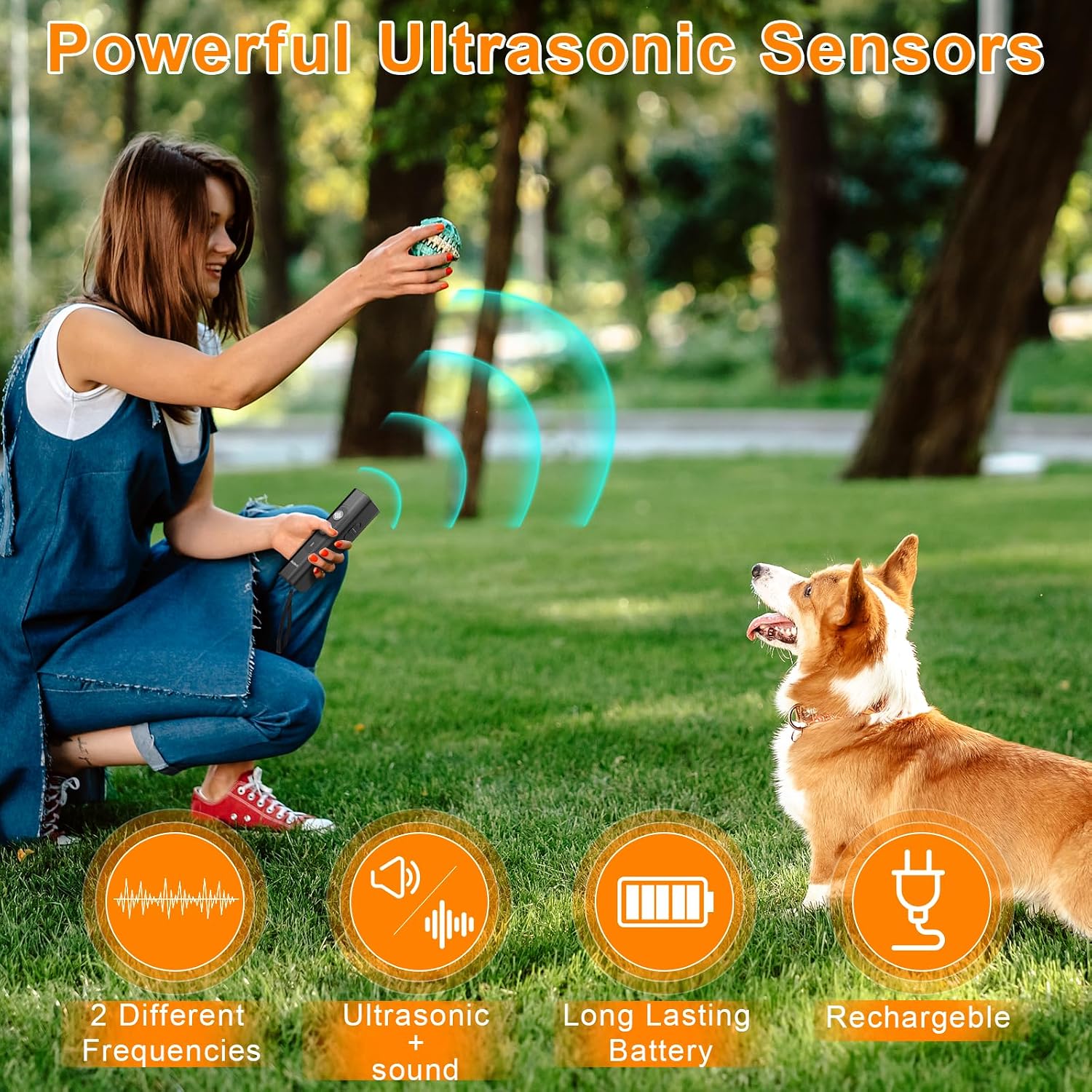 User holding rechargeable anti barking device with wrist strap