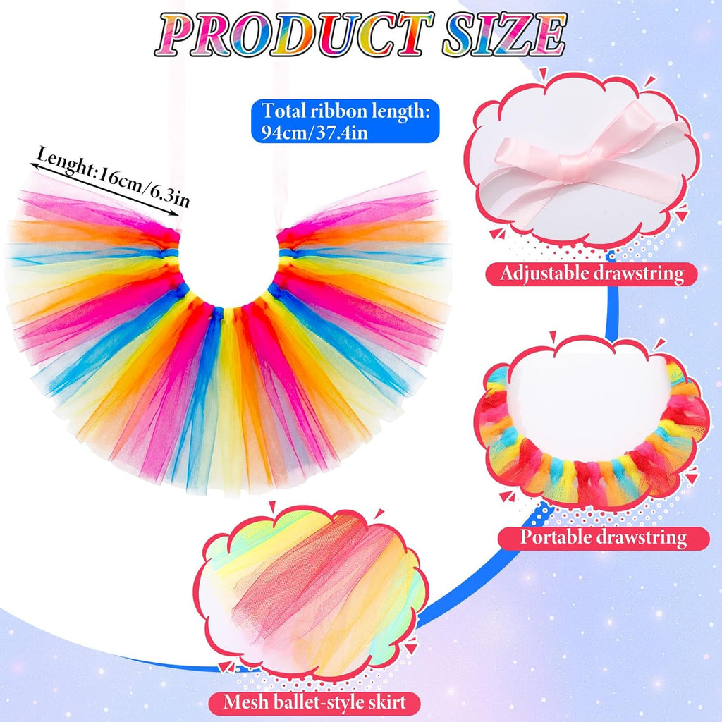 Colorful tulle skirts and feathered hats for hens showcased on a white background