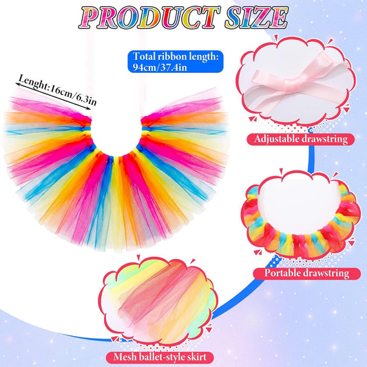 Colorful tulle skirts and feathered hats for hens showcased on a white background