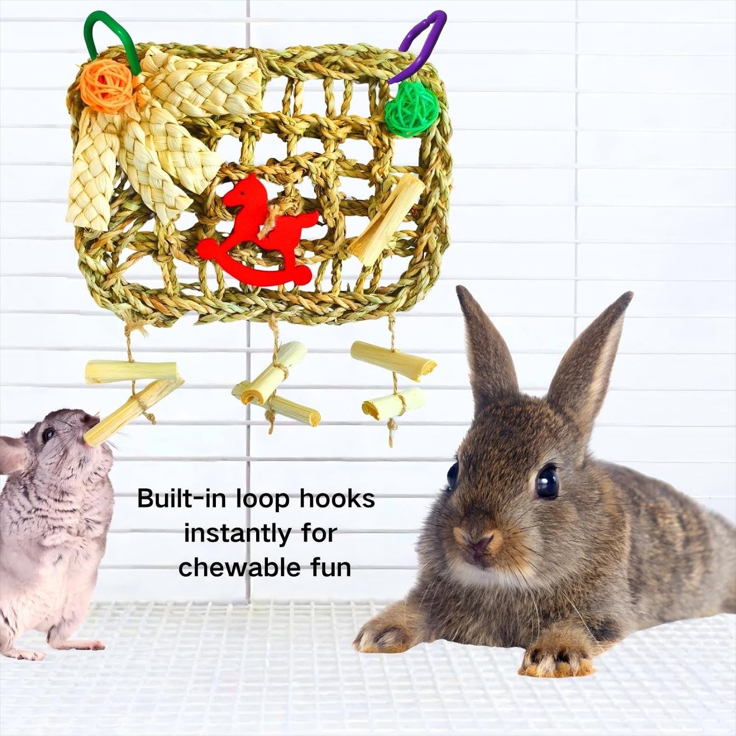 Close up view of the sweet bamboo and grass components on the bunny cage toy.