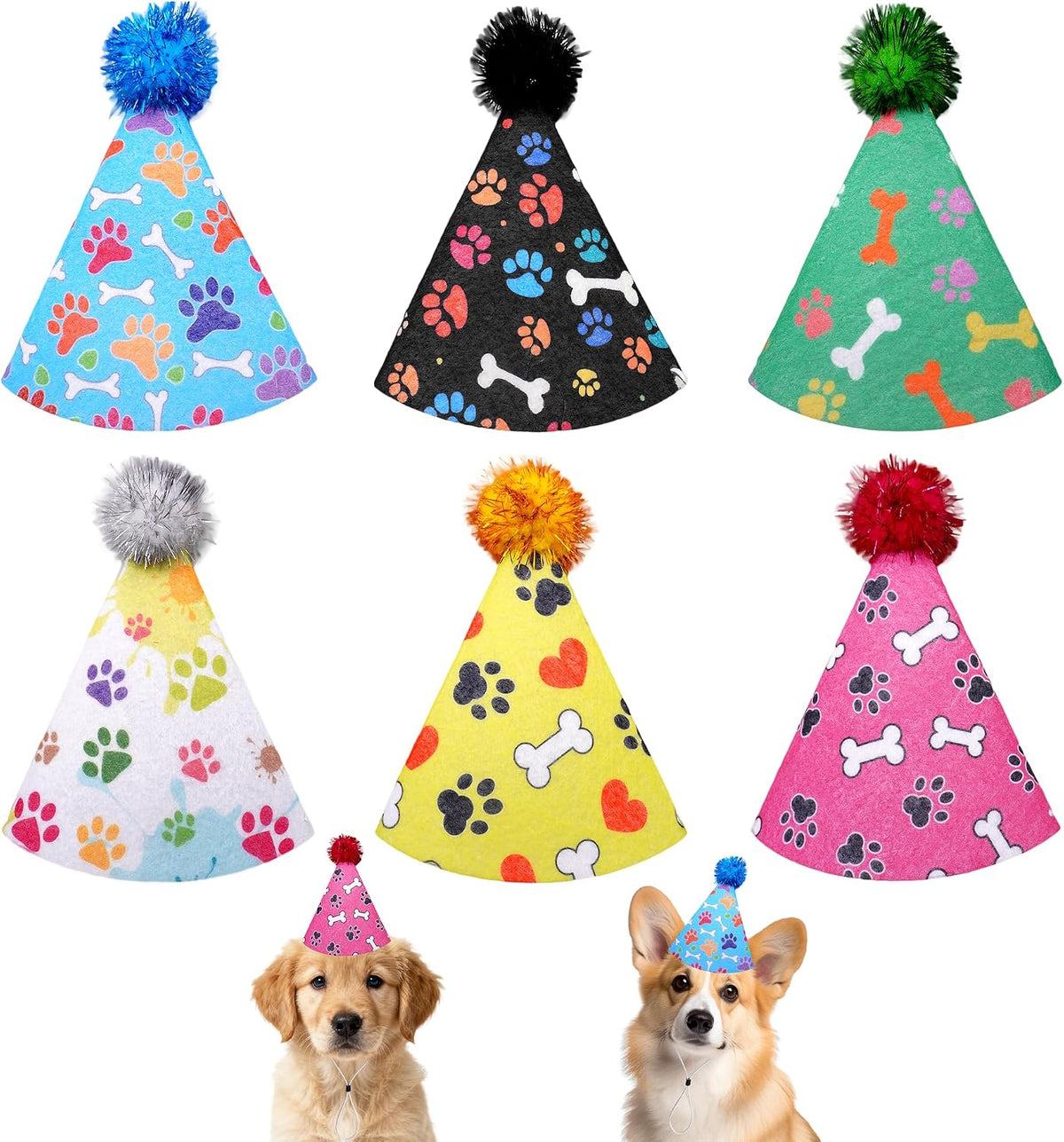 JpGdn 6 piece dog birthday hat set front view with various patterns