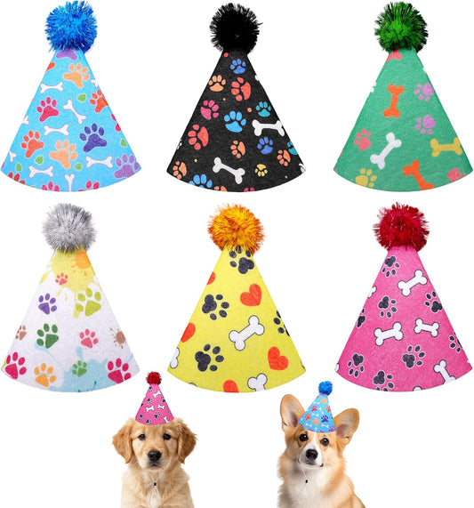 JpGdn 6 piece dog birthday hat set front view with various patterns