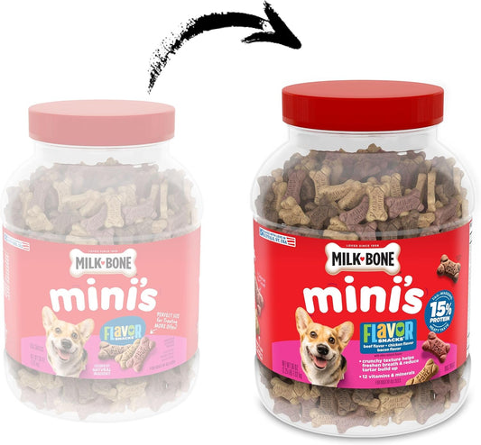 Milk-Bone Mini crunchy dog treats in beef chicken and bacon flavors displayed outside the container.