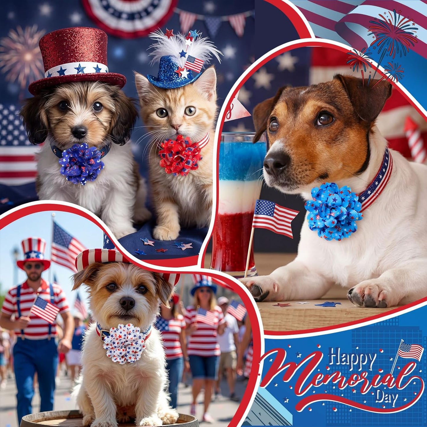 Small puppy wearing the red white and blue festive flower charm attached securely to its daily collar
