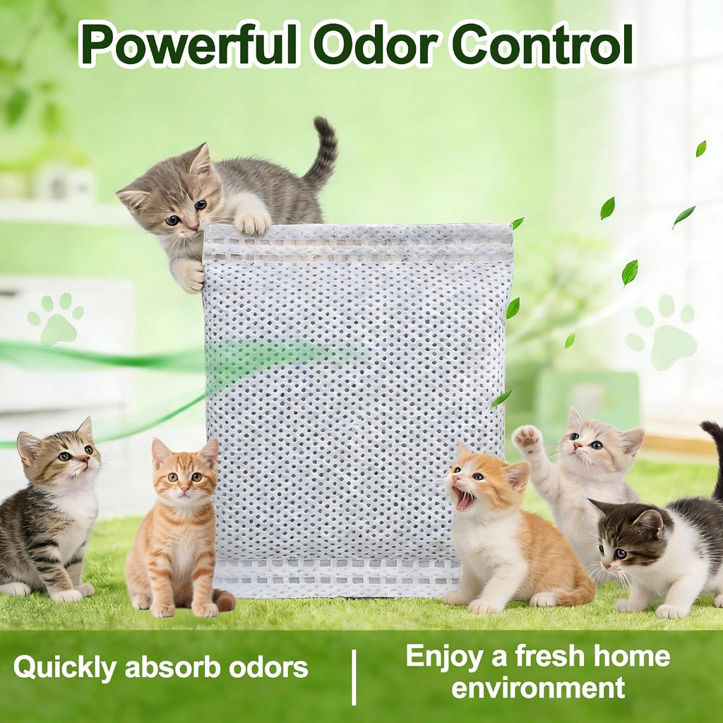Close up view of the individual pet safe charcoal sachet compatible with hooded cat litter trays.