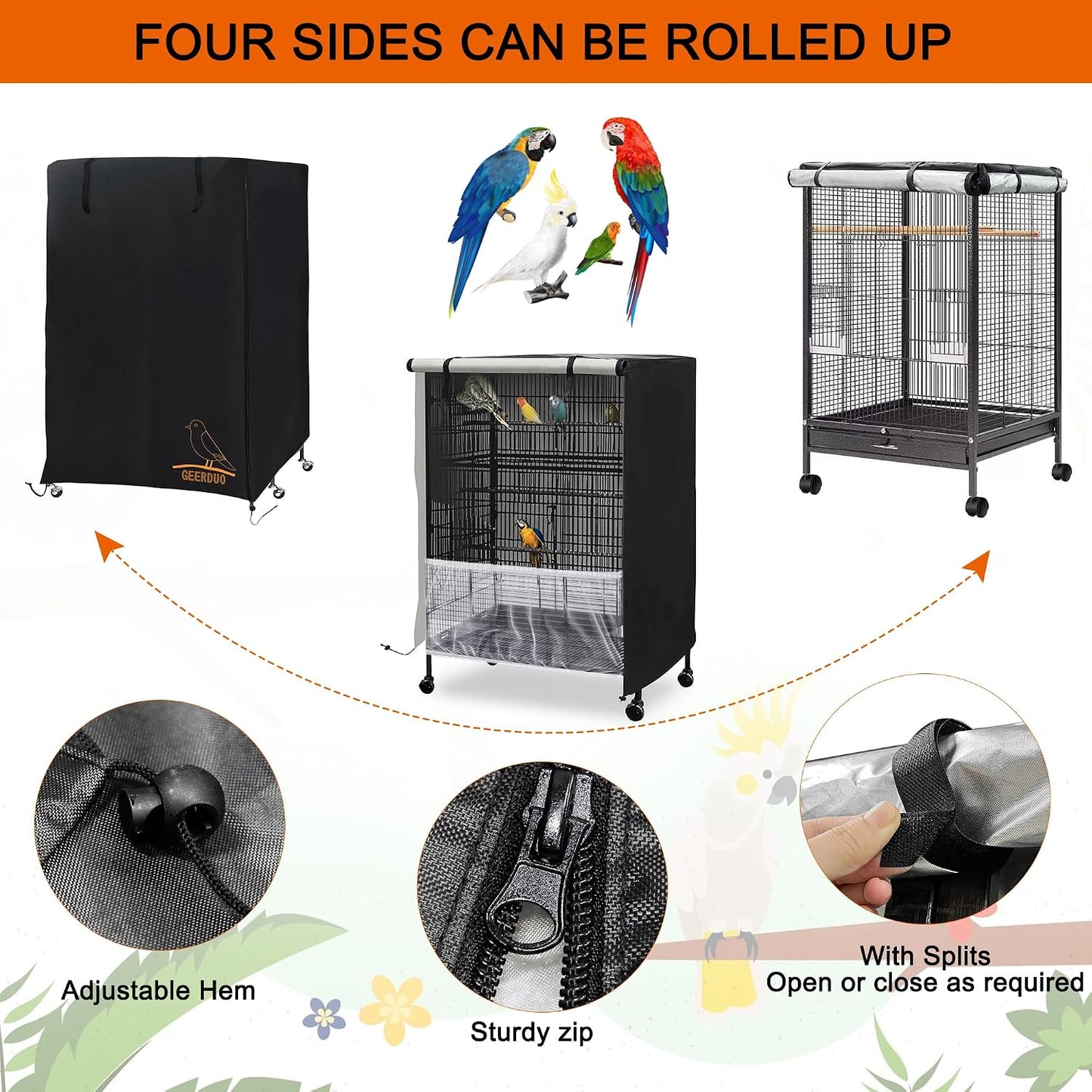Adjustable nylon mesh net seed catcher attached to a pet cage