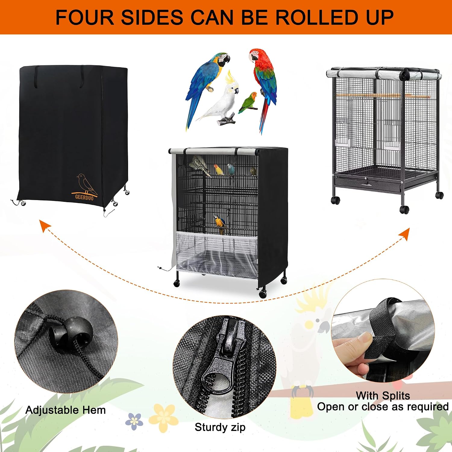 Adjustable nylon mesh net seed catcher attached to a pet cage
