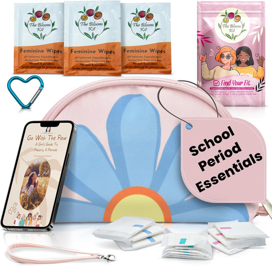 The Bloom First Period Kit Pink front view of 16 piece set for girls