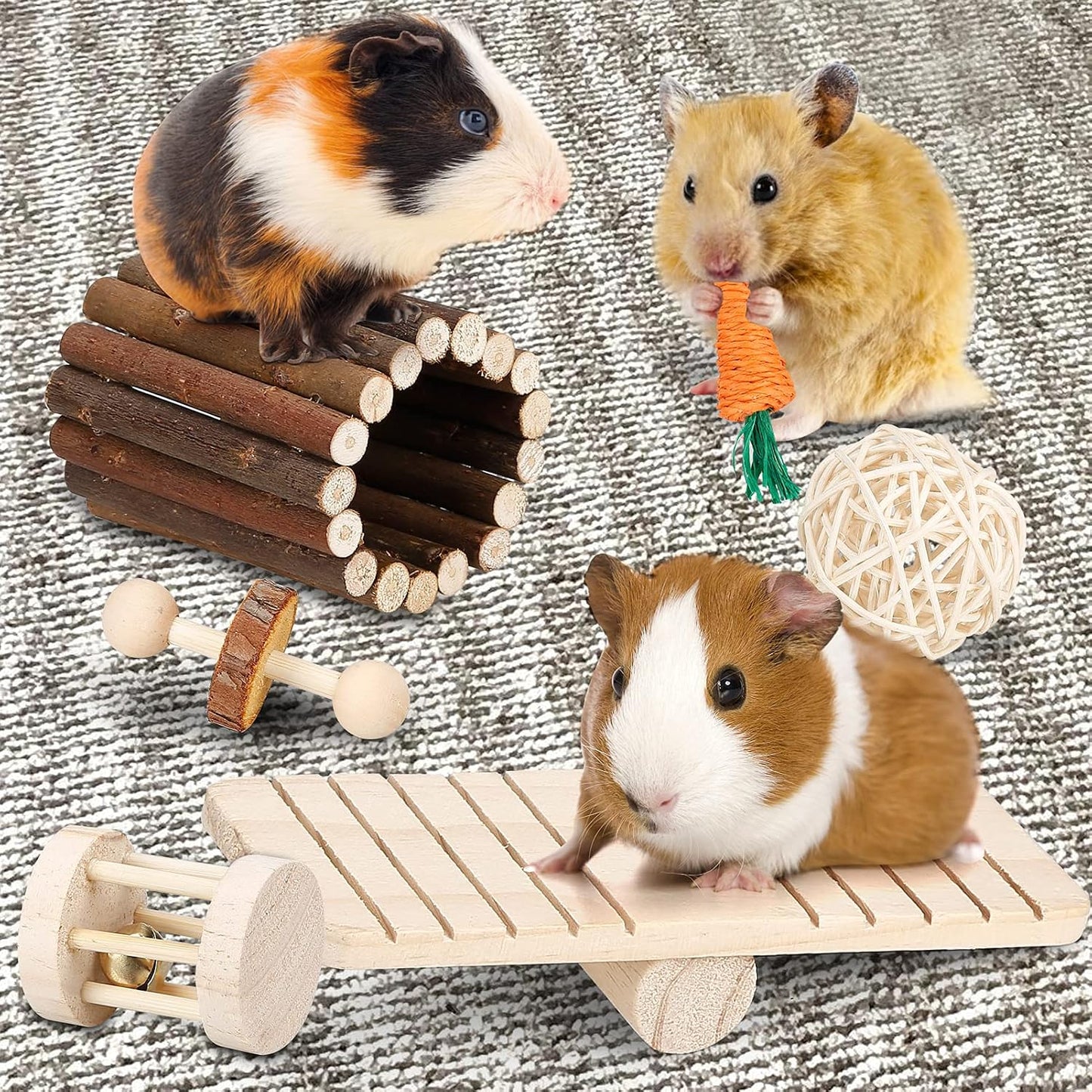 Natural apple branch molar string and woven grass carrot toy for rodent teeth care.