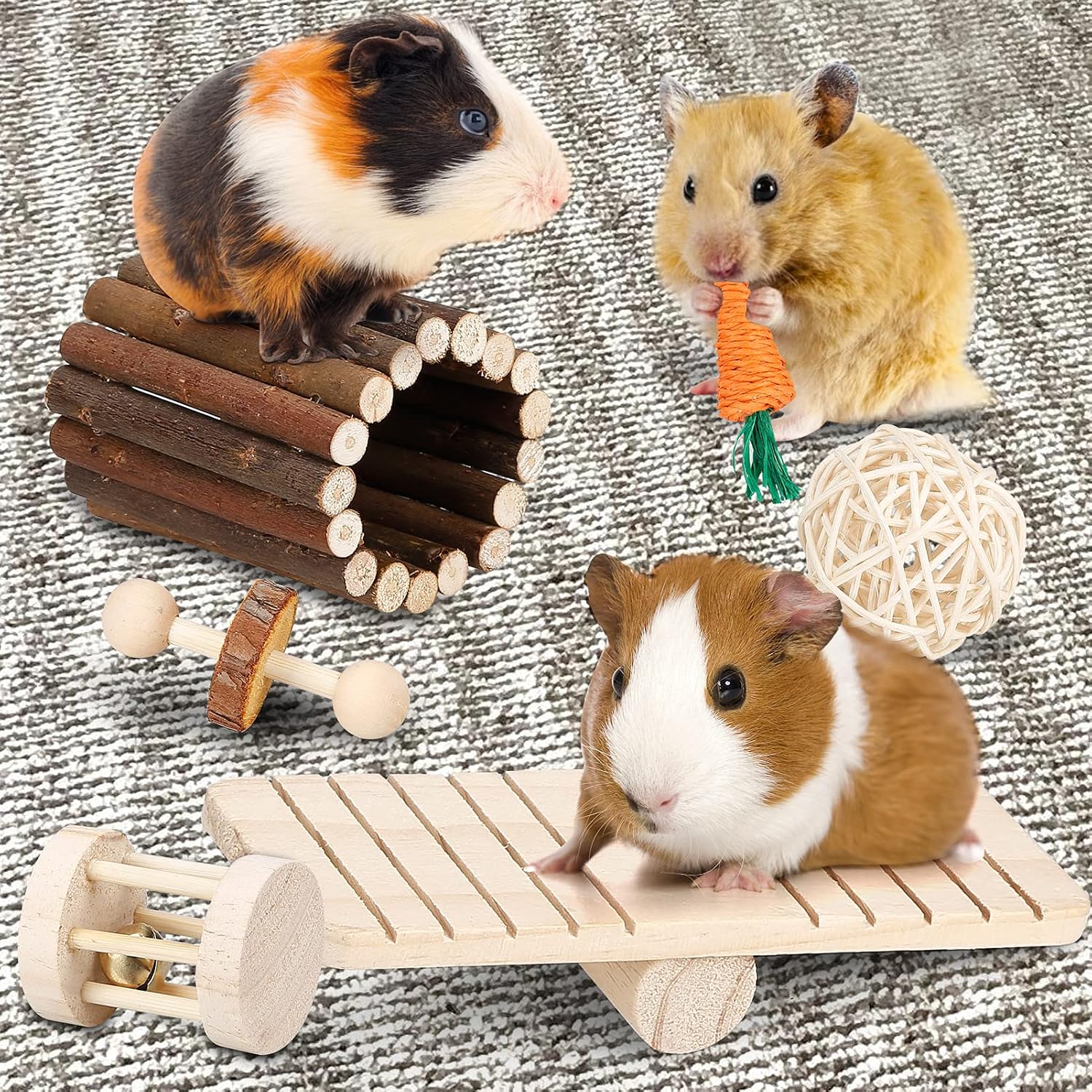 Natural apple branch molar string and woven grass carrot toy for rodent teeth care.