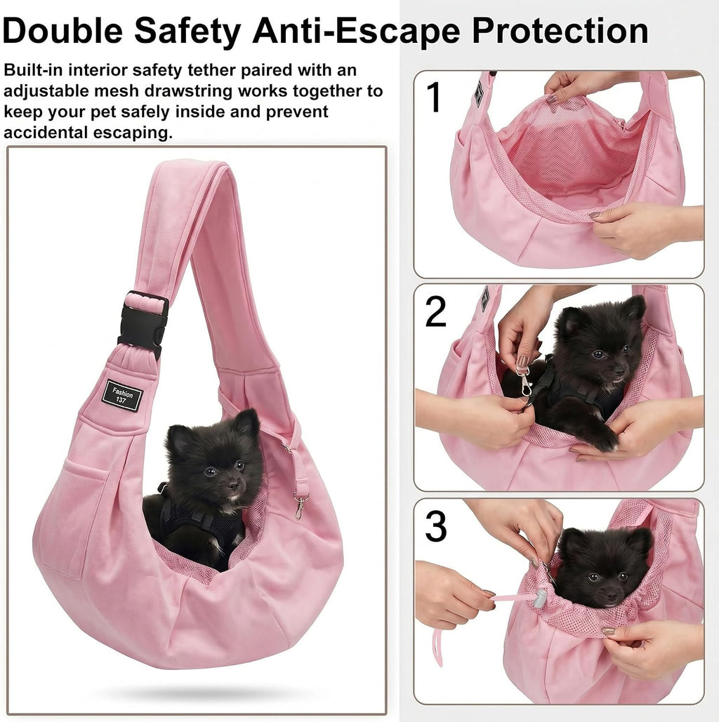 Side view of Riuja pet sling with zipper storage pocket