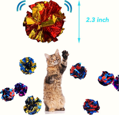 Color variant metallic Mylar crinkle balls in yellow, green, red, pink, and blue.