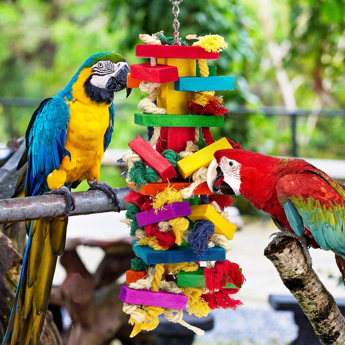 Close up of colorful wooden blocks and cotton rope knots