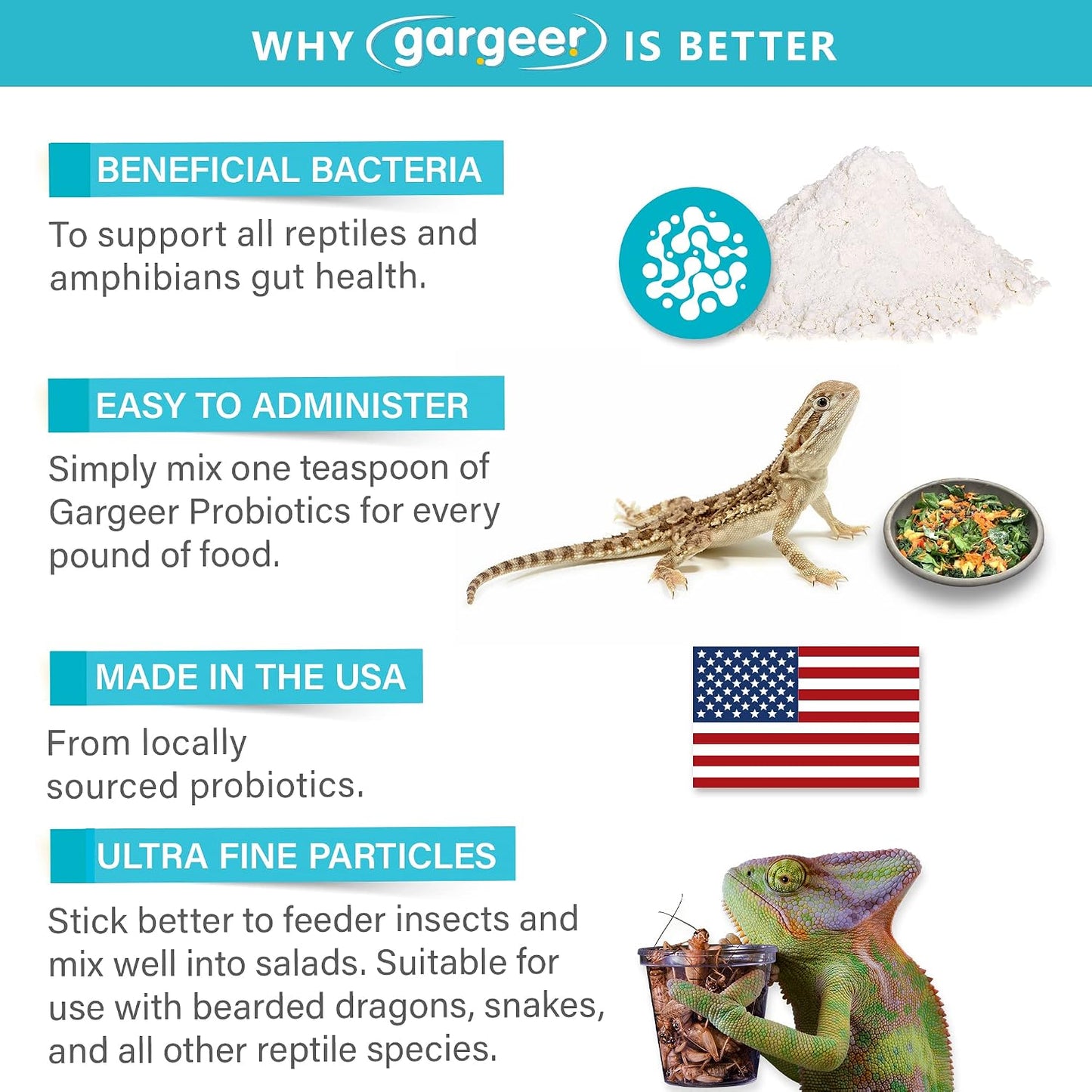 Bearded dragon with Gargeer reptile health supplement packaging