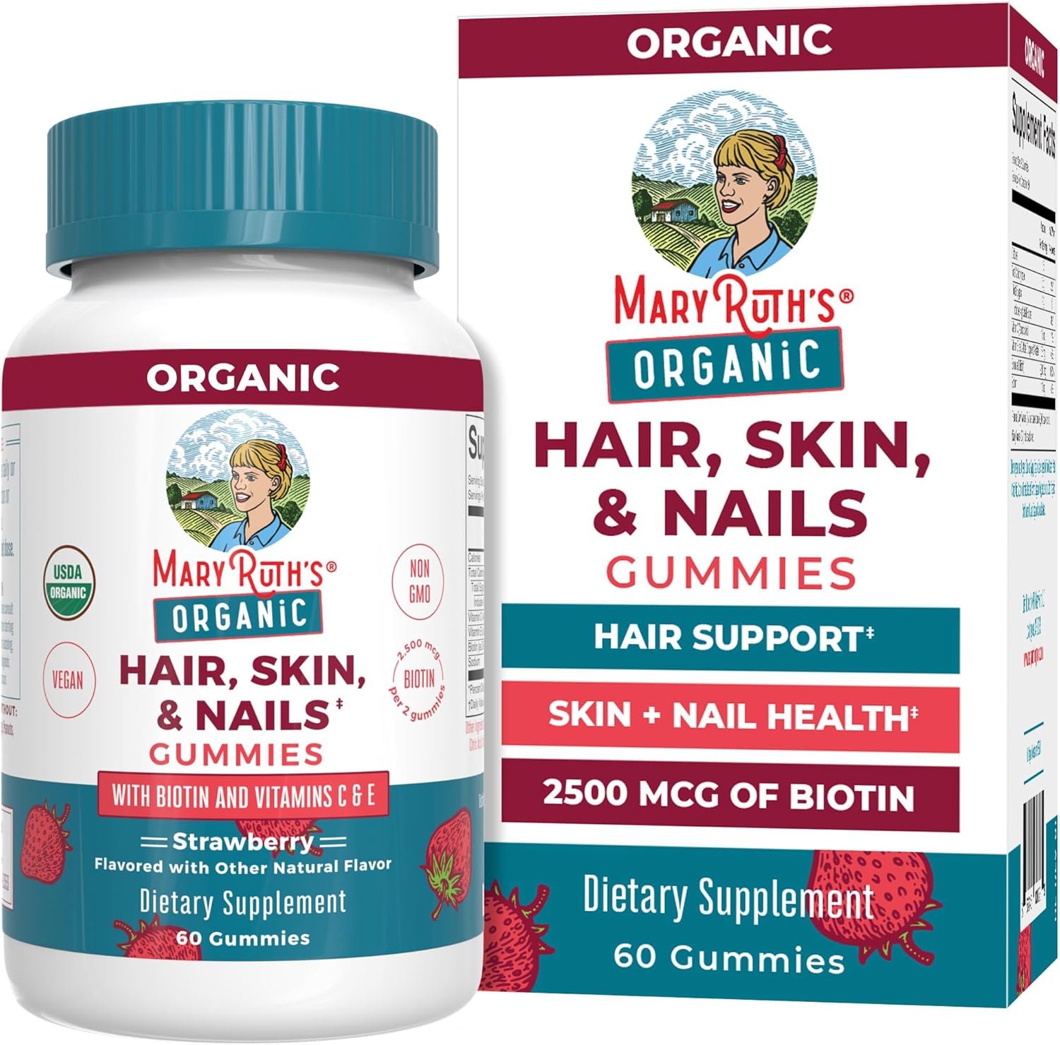 MaryRuth's Organic Hair Skin and Nail Vitamins front bottle view showing strawberry flavor