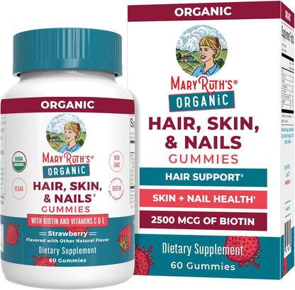 MaryRuth's Organic Hair Skin and Nail Vitamins front bottle view showing strawberry flavor