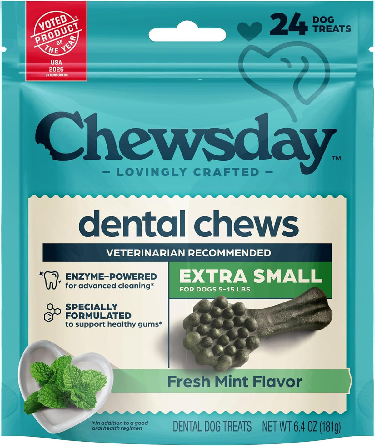 Chewsday Fresh Mint Flavor Dental Chews, Small Dog Treats, Healthier Teeth and Fresher Breath, Enzyme Powered for Advanced Cleaning, Made in the USA, 13 Count - Image 10