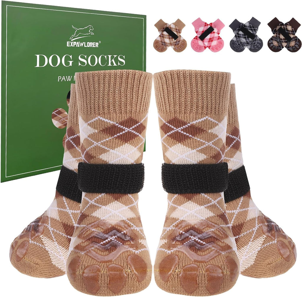 Expawlorer Dog Socks front view showing khaki british style pattern