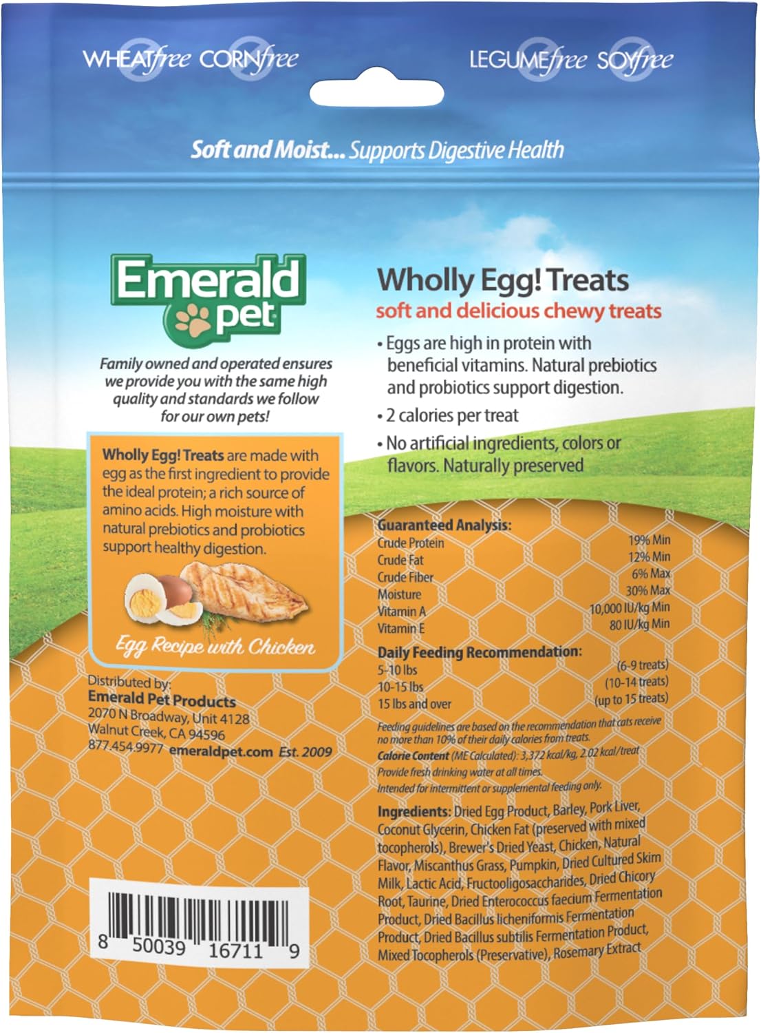 Emerald Pet soft and moist chicken flavor cat treats with probiotics back label details