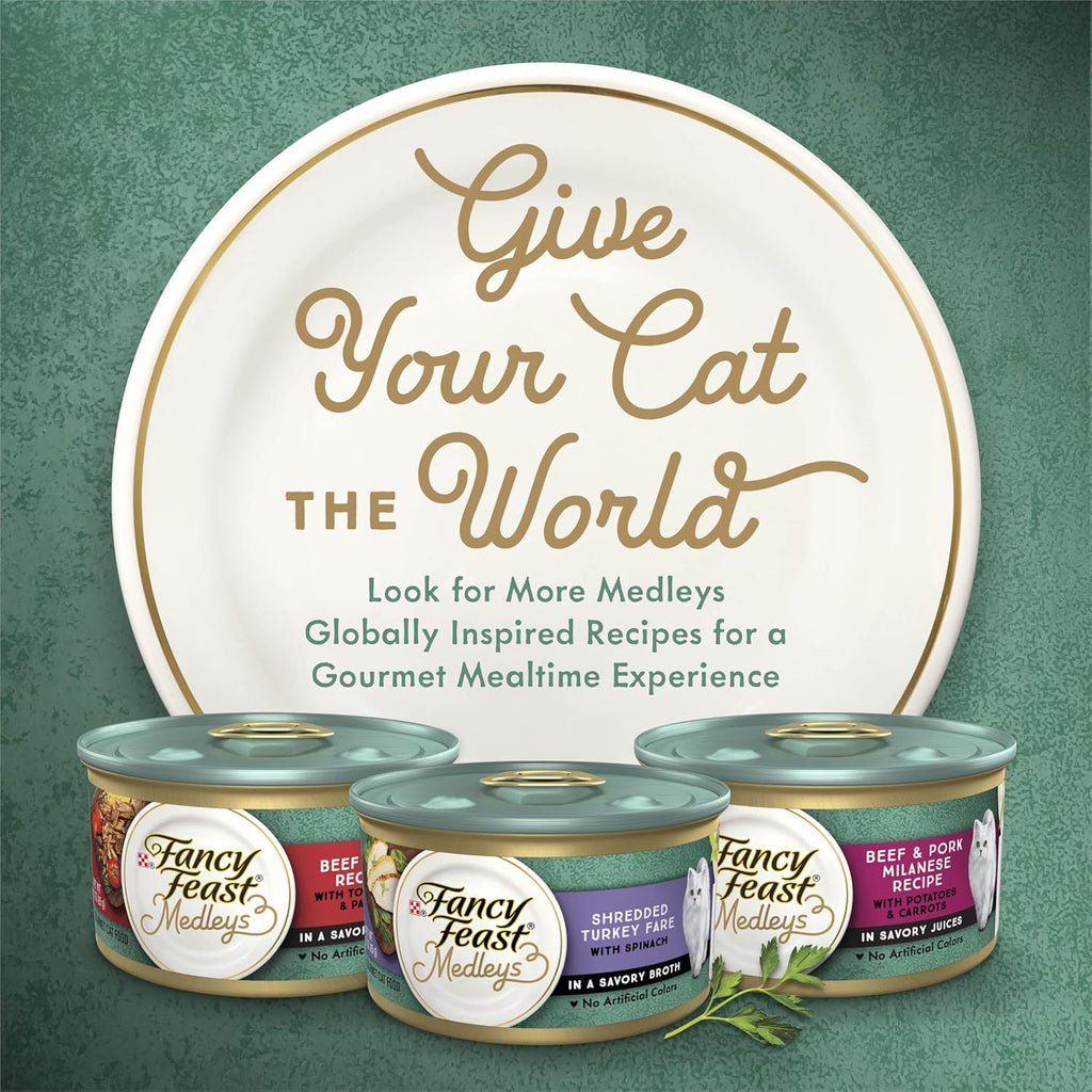 Assorted Fancy Feast Medleys cans highlighting the complete gourmet collection