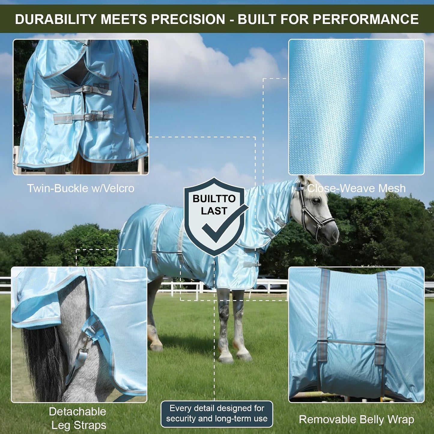 Side profile of a horse wearing the Gallopoff fly blanket with the belly wrap secured.