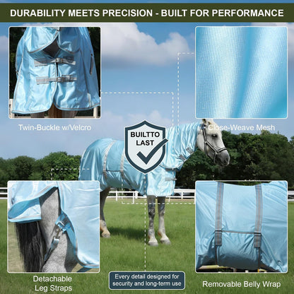 Side profile of a horse wearing the Gallopoff fly blanket with the belly wrap secured.