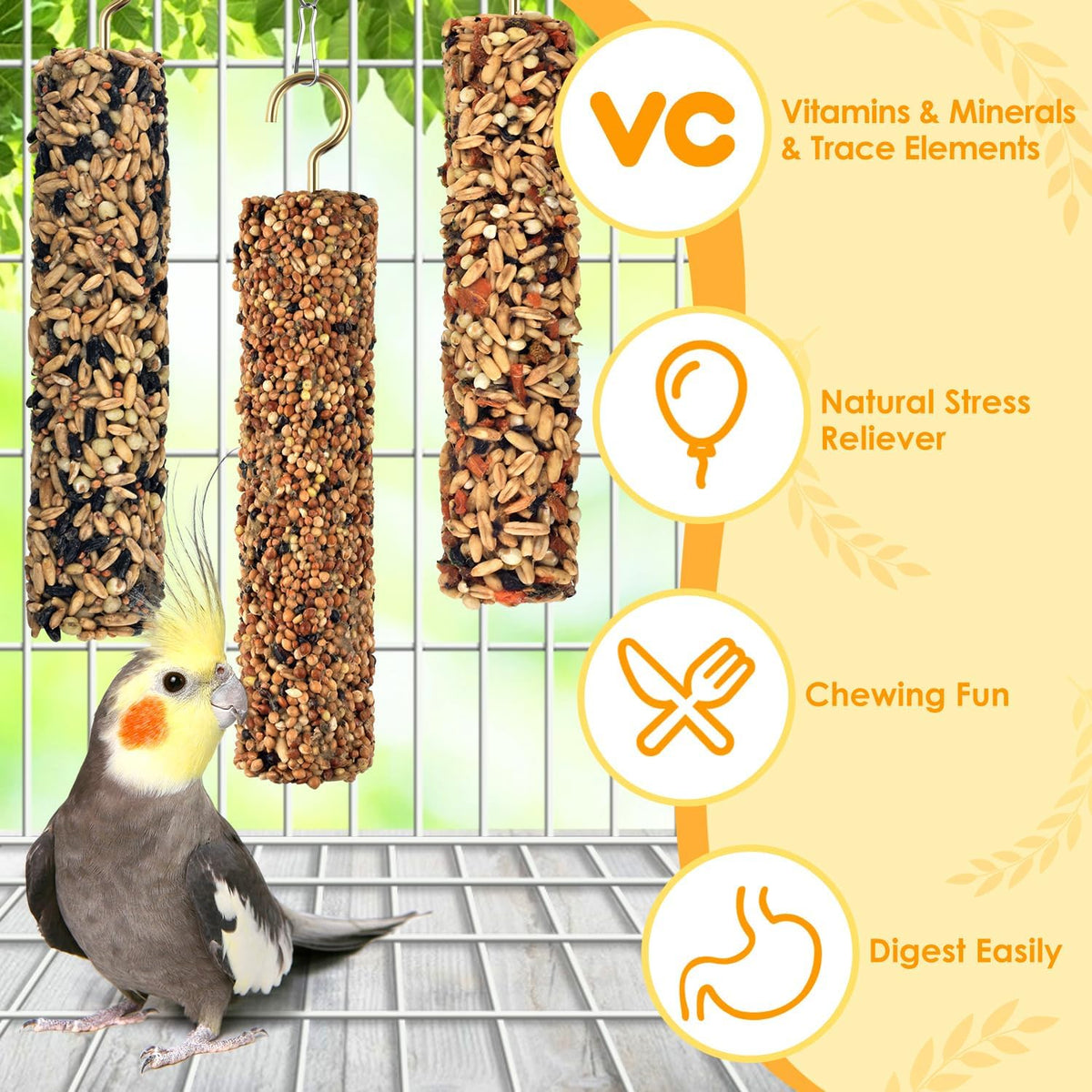Cockatiel eating Katumo natural grain crunch treat in cage