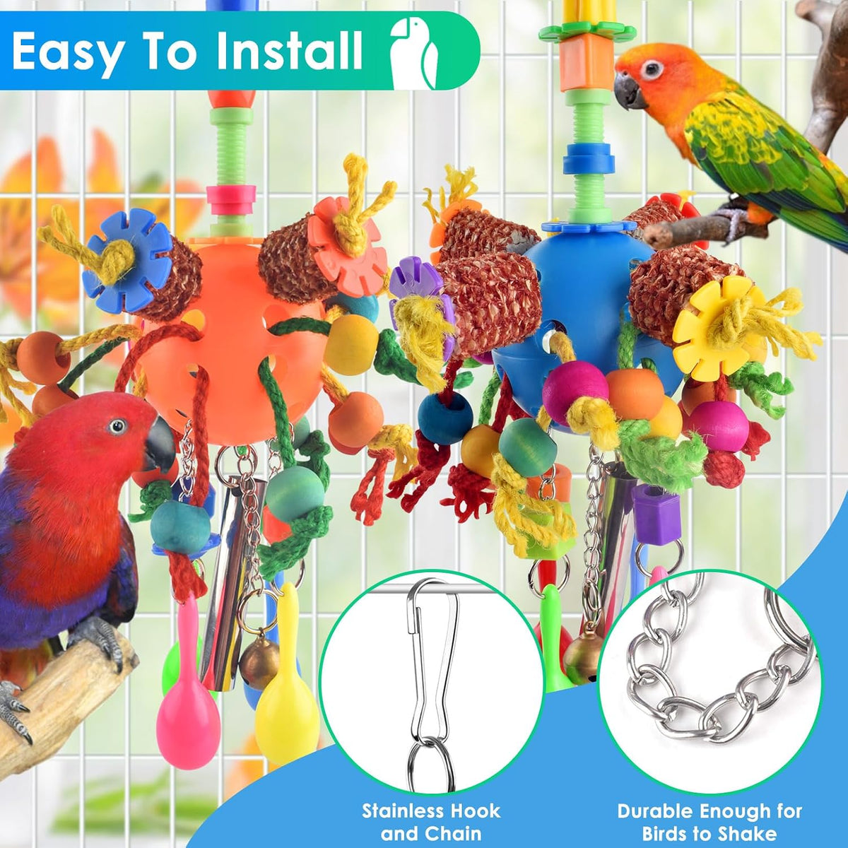 Close-up of Katumo parrot ball treats with sola balls.