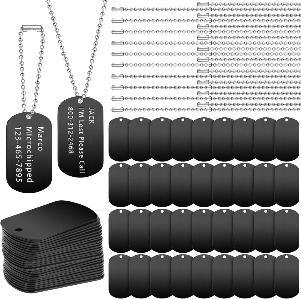 Yinkin personalized military dog tags set front view showcasing bulk black aluminum blanks and silver ball chains.